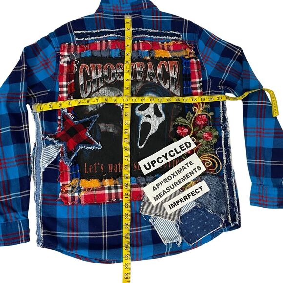Upcycled Flannel Shirt Womens Large Shacket Ghostface Grunge Scary Movies Blue - Picture 3 of 16